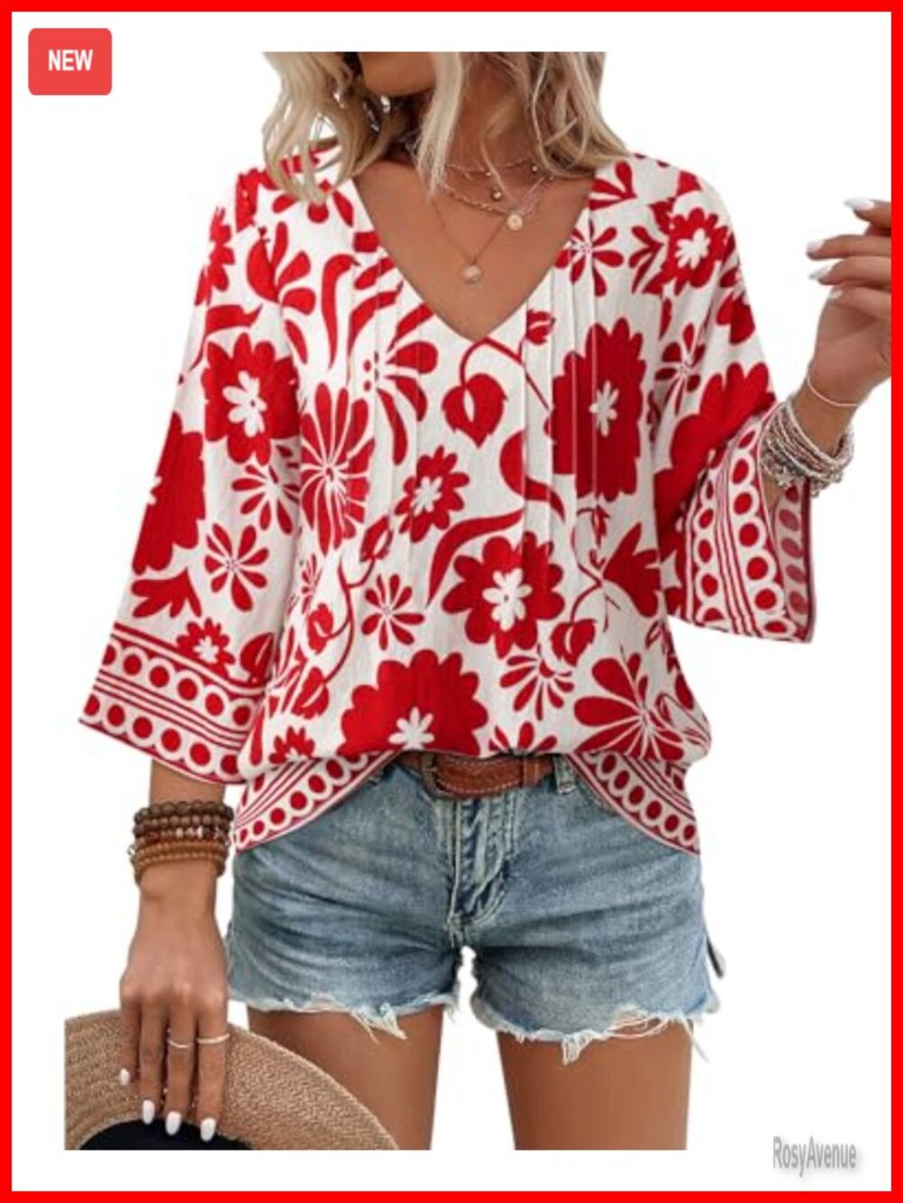 Boho Floral V-Neck 3/4 Sleeve Tunic Blouse Loose Fit